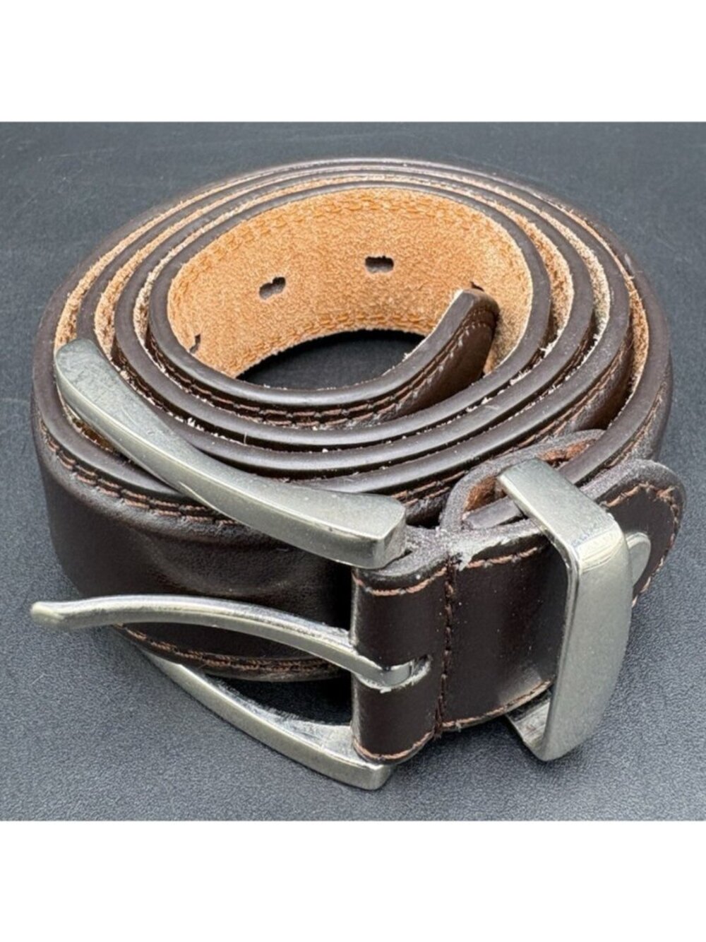 Brown Leather Genuine Belt Men's Sz 36 Silver Buckle Mahogany Brown GUC